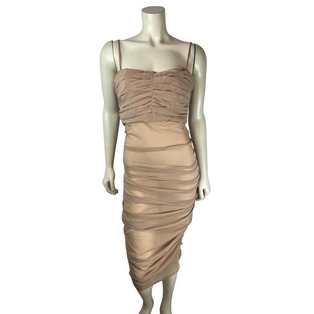 House of CB London Nude Bodycon Corset Dress M Sheer Midi Sleeveless Ruched